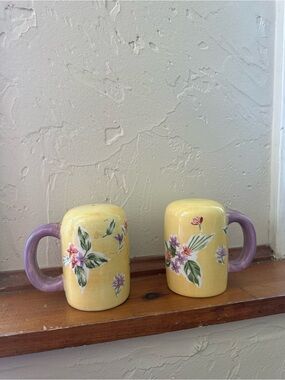 Waverly Yellow Floral Ceramic Mugs with Purple Handles - Pair